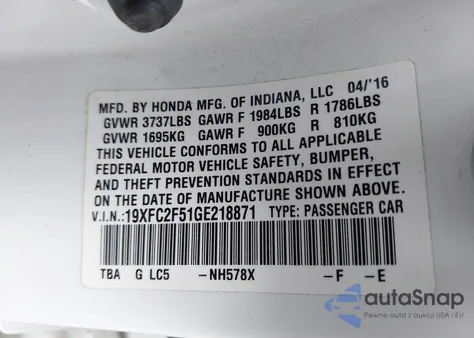 2016 Honda Civic Lx из США, поврежденный, VIN 19XFC2F51GE218871